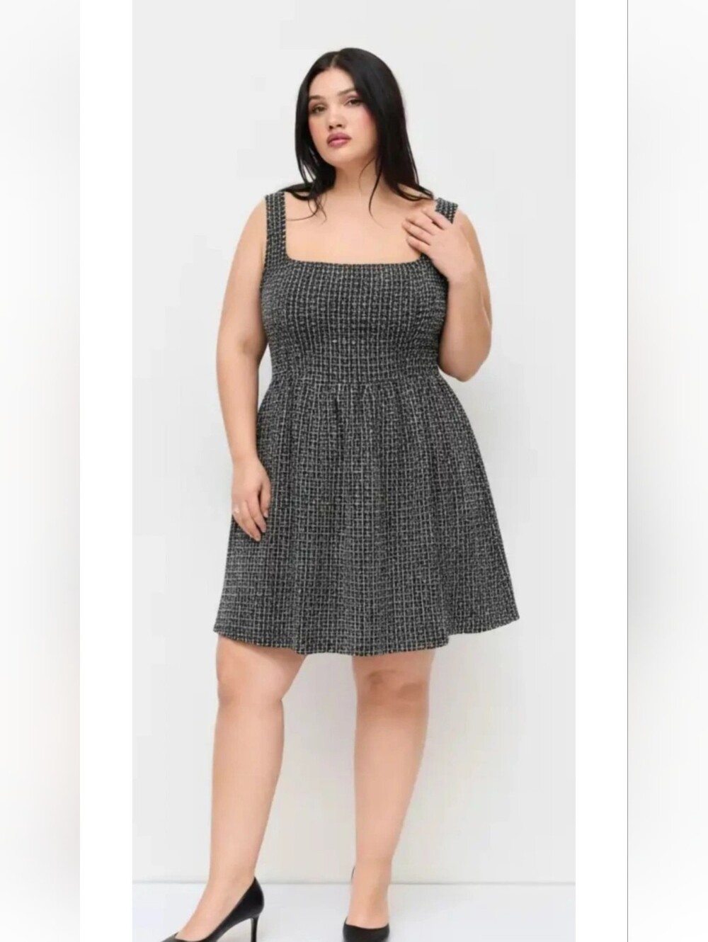 Cider Square-Neck Tweed Mini Dress in Black and White Sixe 2XL New